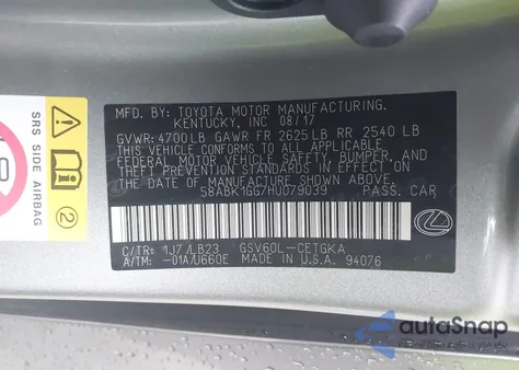 2017 Lexus Es 350 z USA, uszkodzony, nr VIN 58ABK1GG7HU079039